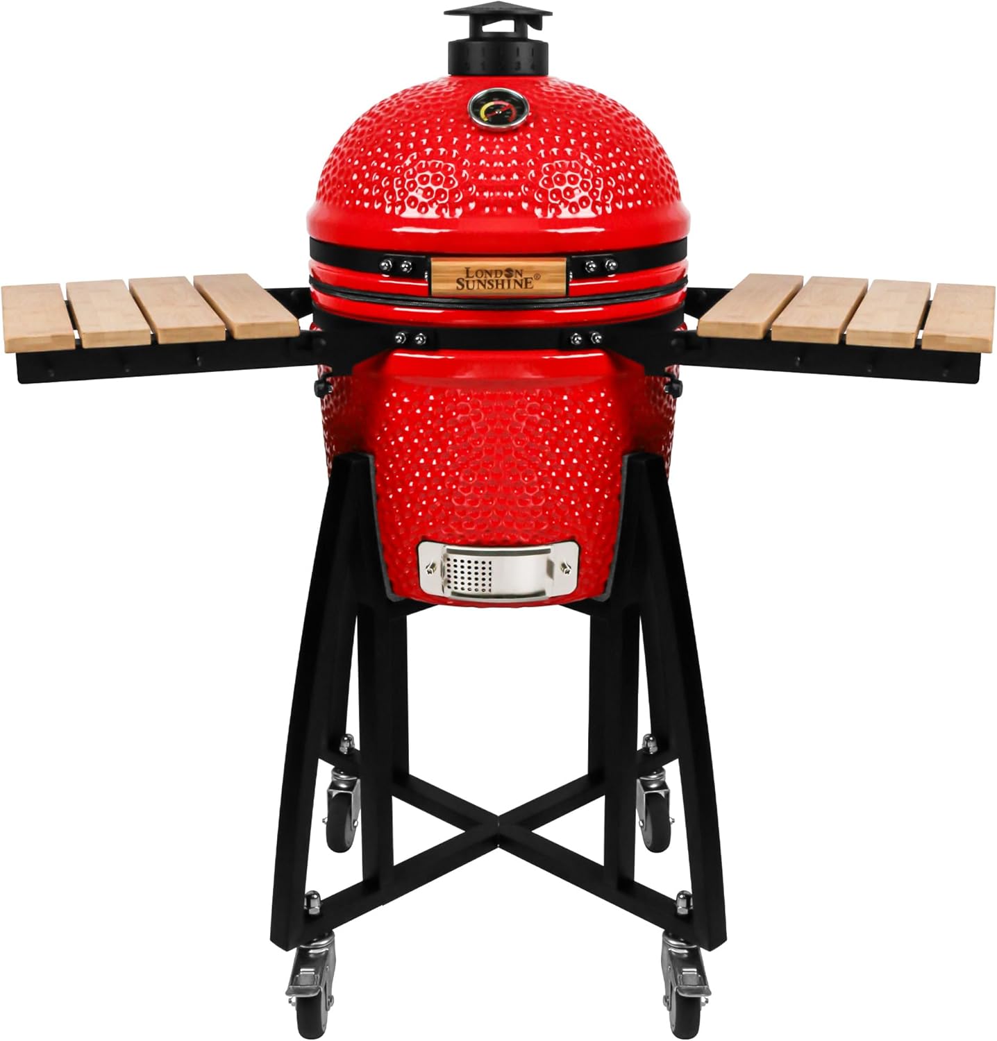 15-inch Ceramic Kamado Charcoal BBQ Grill & Smoker with Locking Casters, Foldable Side Shelves, Stainless Steel Grates, and Tall Stand