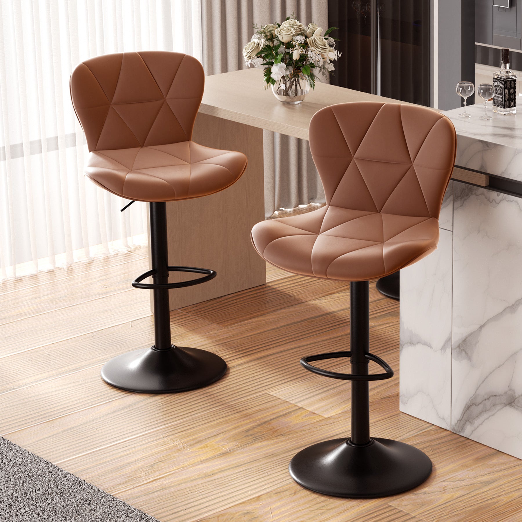 Set of 2 Adjustable Faux Leather Swivel Bar Stools for Kitchen Island  - FU01034