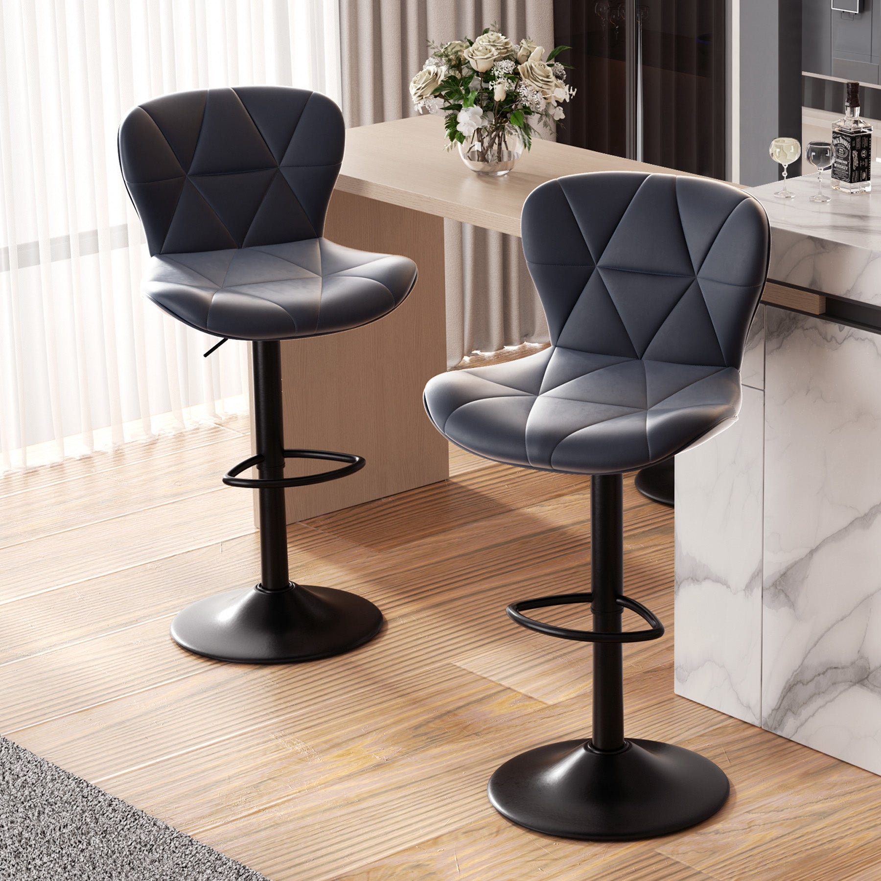 Set of 2 Adjustable Faux Leather Swivel Bar Stools for Kitchen Island  - FU01034