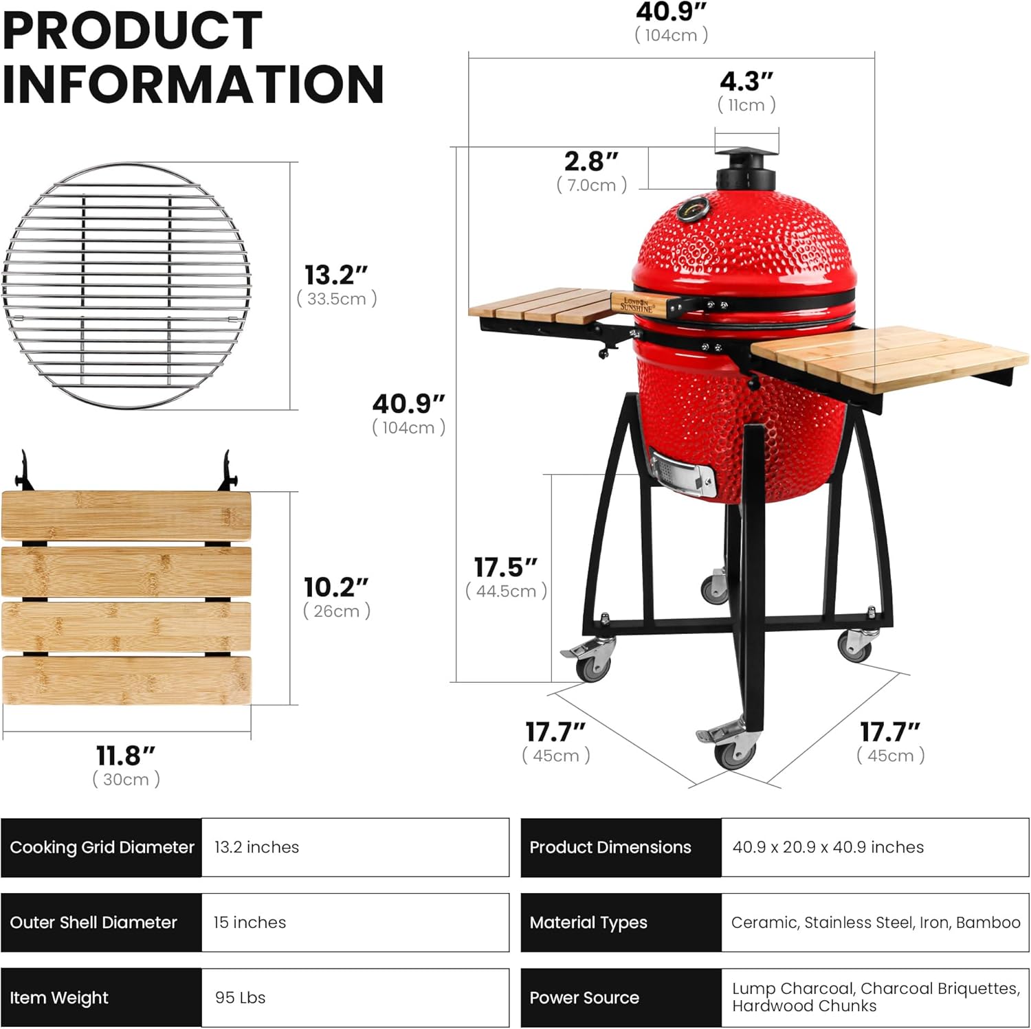 15-inch Ceramic Kamado Charcoal BBQ Grill & Smoker with Locking Casters, Foldable Side Shelves, Stainless Steel Grates, and Tall Stand
