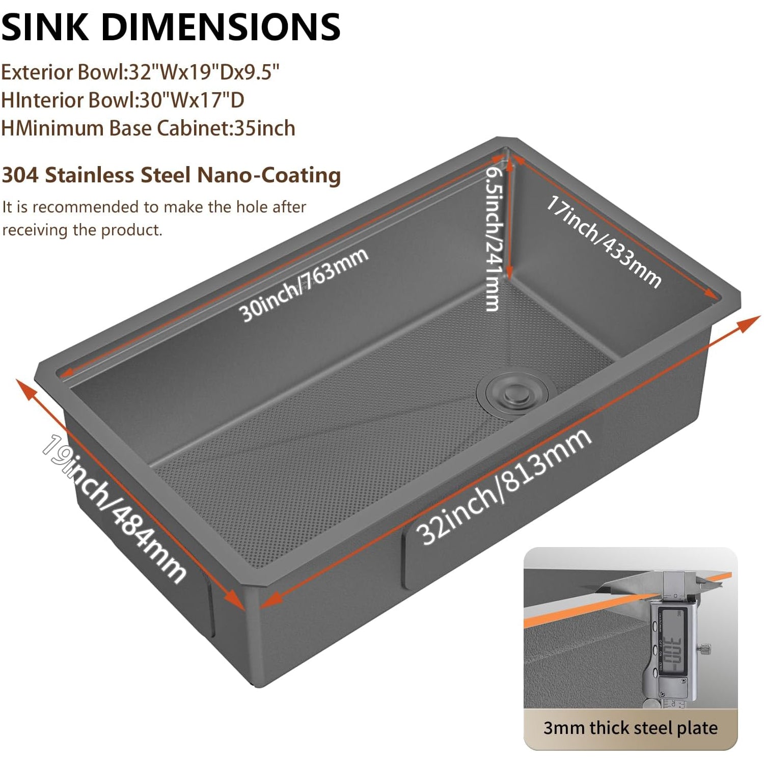 32-Inch Black Undermount Kitchen Sink, 304 Stainless Steel with Nano Coating, Single Bowl for Workstation, RV, Prep Kitchen & Bar Sink, Includes Cutting Board & Roll-Up Dish Rack, and More Accessories