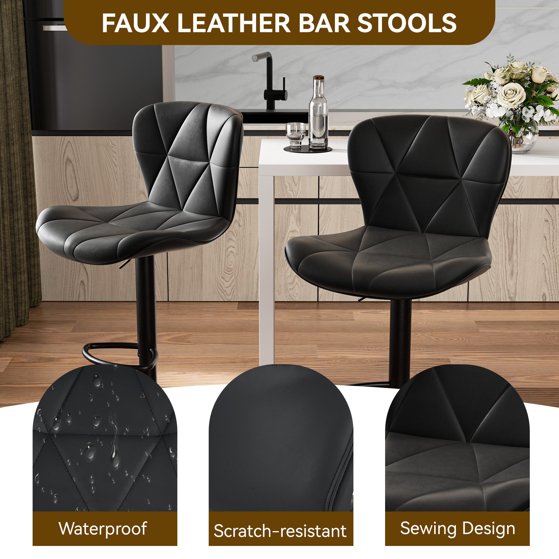 Set of 2 Adjustable Faux Leather Swivel Bar Stools for Kitchen Island  - FU01034