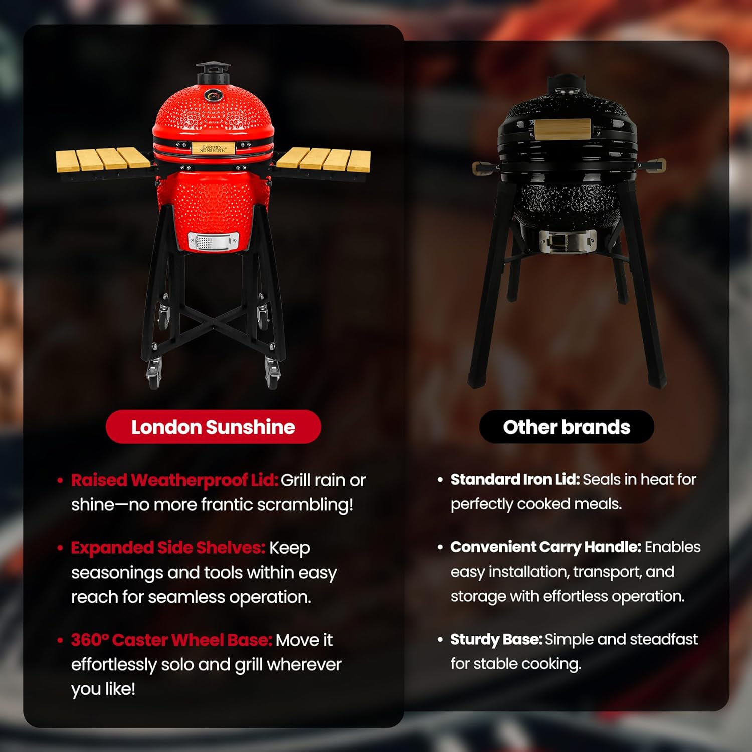 15-inch Ceramic Kamado Charcoal BBQ Grill & Smoker with Locking Casters, Foldable Side Shelves, Stainless Steel Grates, and Tall Stand