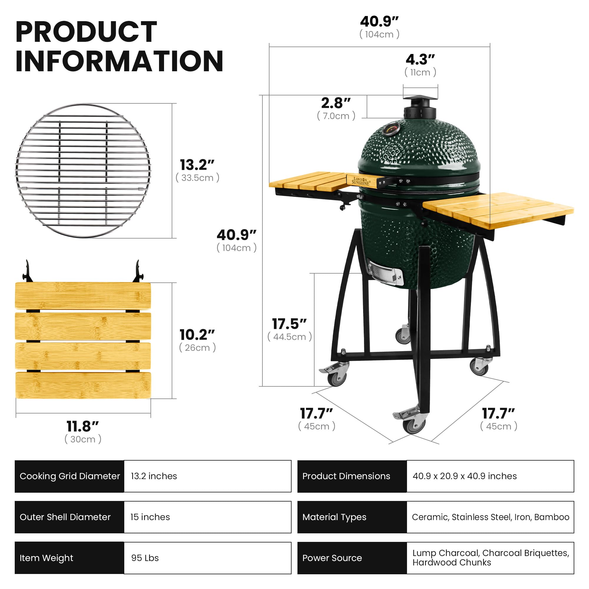 15-inch Ceramic Kamado Charcoal BBQ Grill & Smoker with Locking Casters, Foldable Side Shelves, Stainless Steel Grates, and Tall Stand