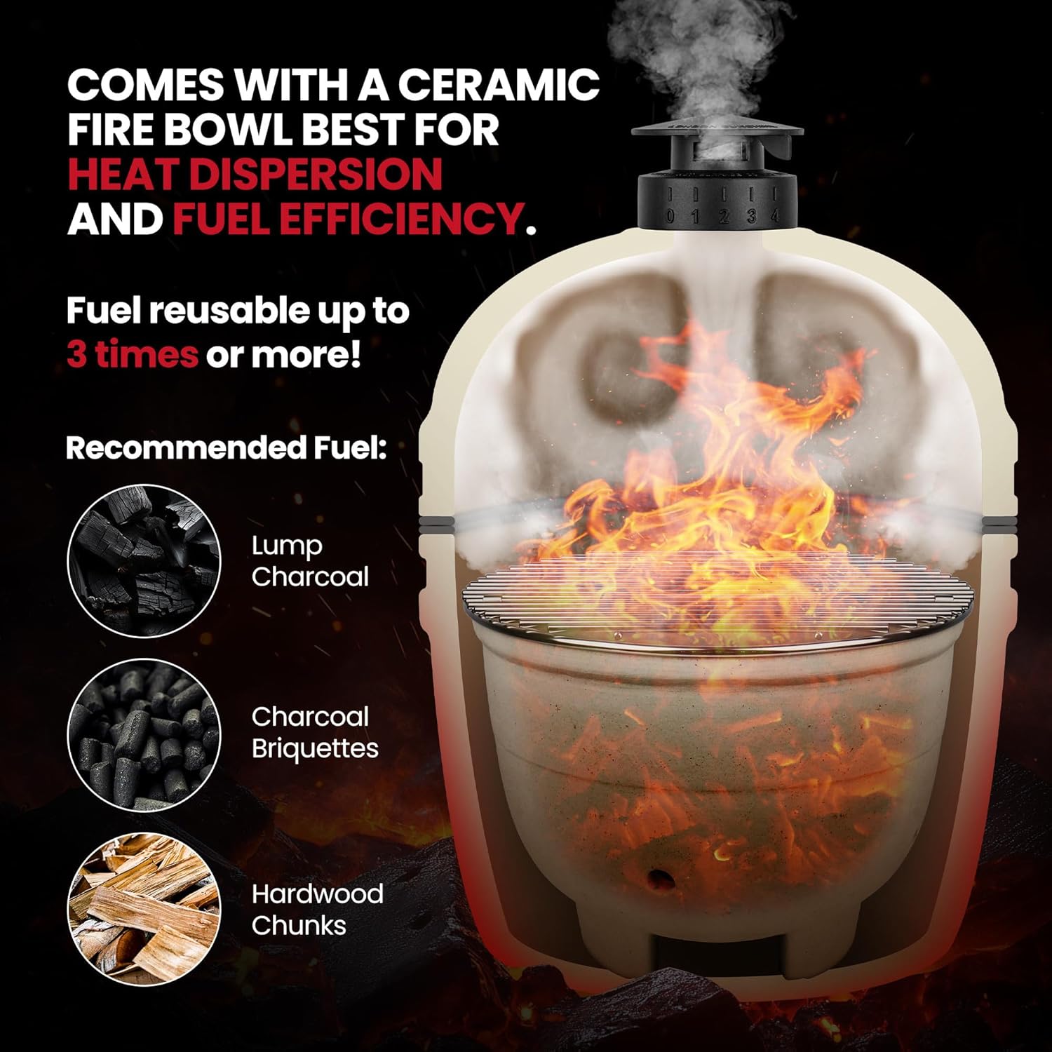 15-inch Ceramic Kamado Charcoal BBQ Grill & Smoker with Locking Casters, Foldable Side Shelves, Stainless Steel Grates, and Tall Stand