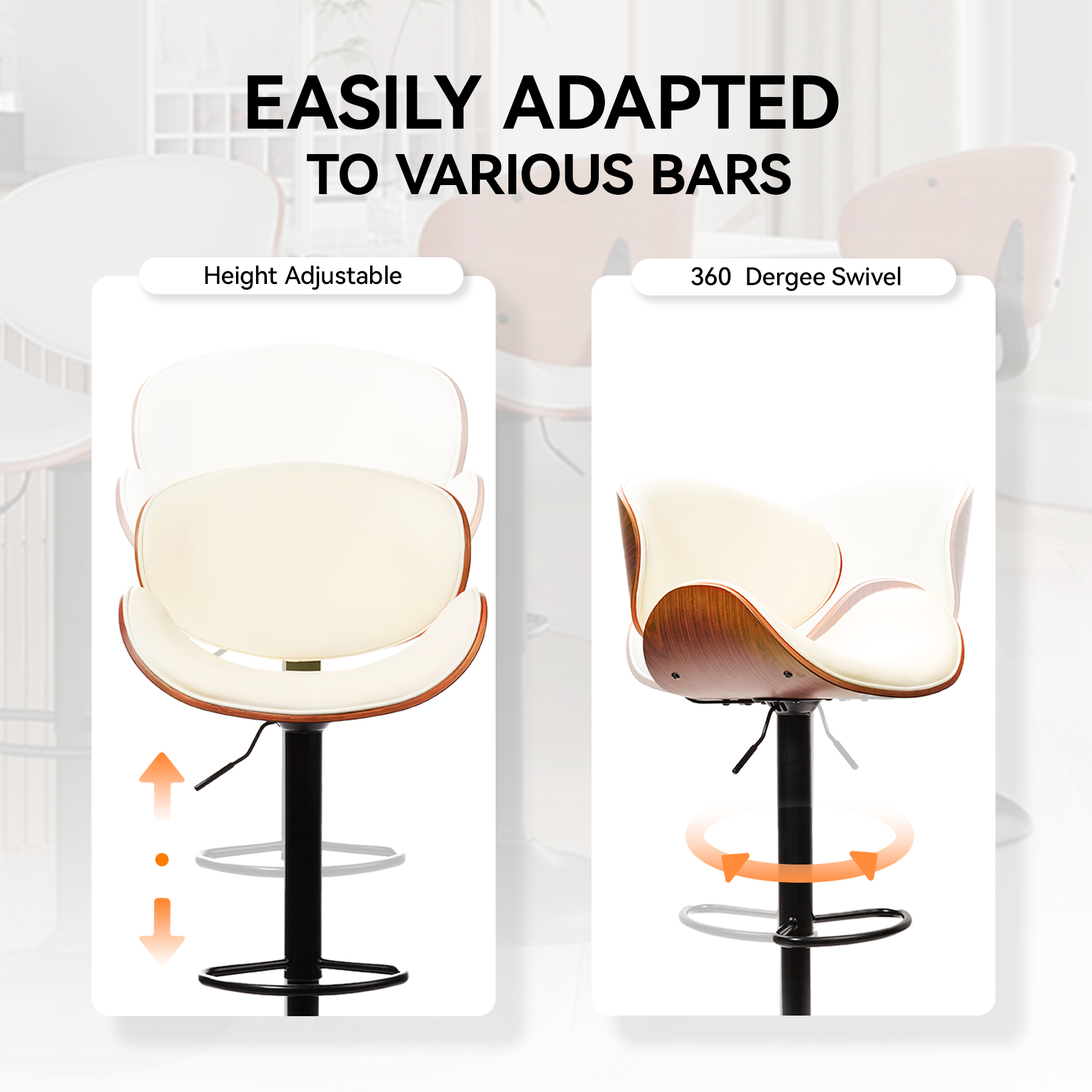 Adjustable Height Swivel Bar Stools - Modern Design with Comfortable Padded Seat and Ergonomic Backrest for Kitchen, Dining Room, and Home Bar (White, Set of 2)