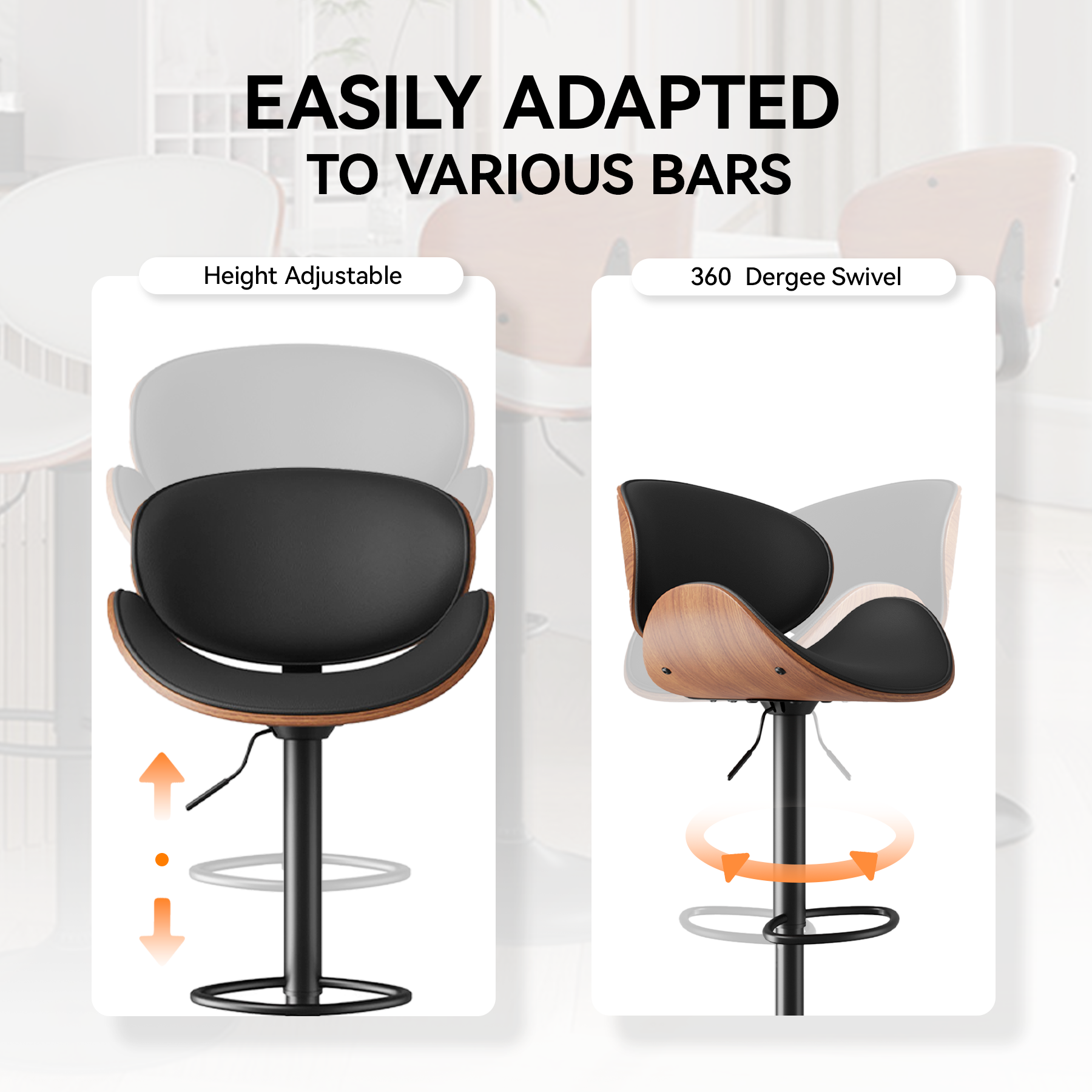 Adjustable Height Swivel Bar Stools - Modern Design with Comfortable Padded Seat and Ergonomic Backrest for Kitchen, Dining Room, and Home Bar (White, Set of 2)